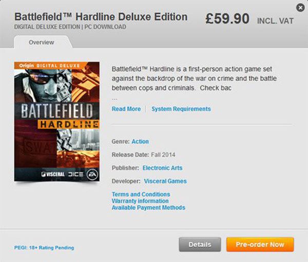 Battlefield Hardline Pre-order Listed