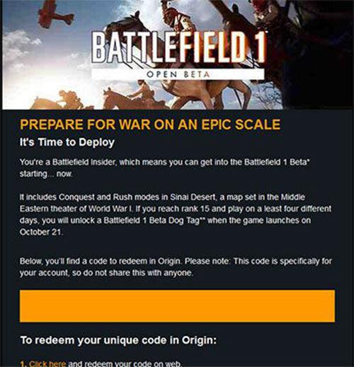 Battlefield 1 beta emails
