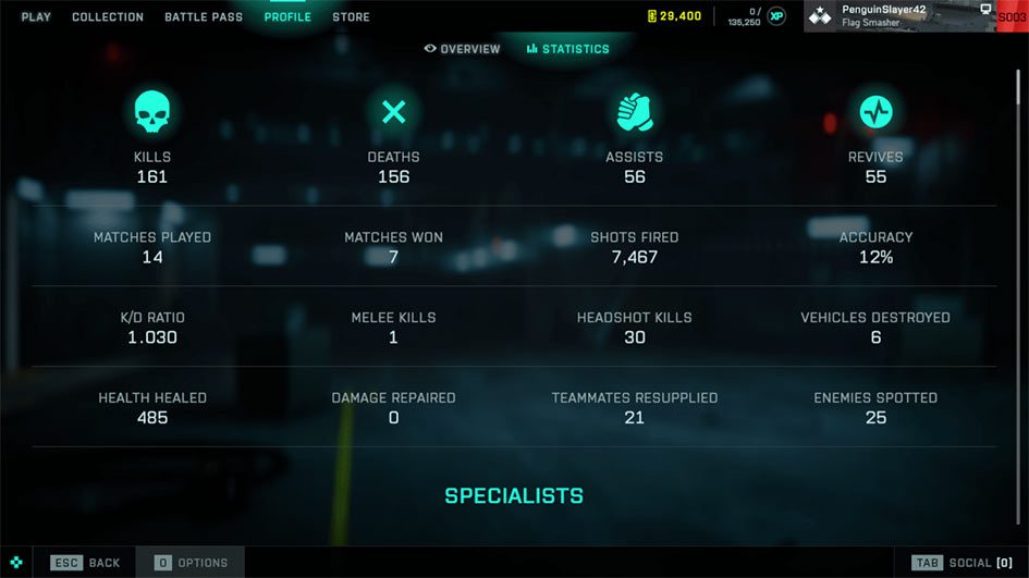 Battlefield 2042 Statistics Screen Battlefield 2042 Statistics Screen